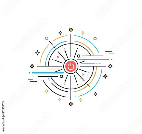 Cosmic energy radiant central orb emitting smooth circular waves and tiny star particles, expressing universal power and dynamic motion in a compact symbolic