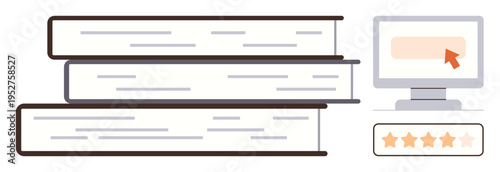Education, online learning, knowledge sharing, content rating, user interaction, informational material. Stack of books next to a computer with a cursor and rating stars. Education and online