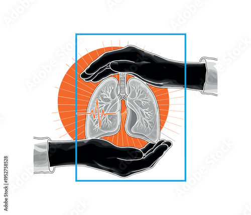 Black and white gloved hands holding a translucent bioprinted lung, large orange circle anchoring composition, blue rectangular frame surrounding organ, thin
