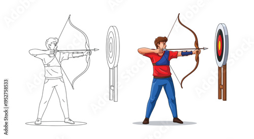 Male archer aiming a bow and arrow at a target, alongside a line art vector illustration.