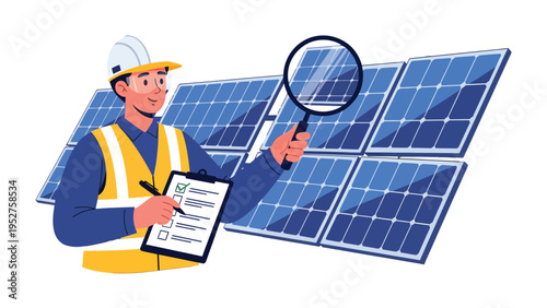 Solar Panel Inspection: An engineer meticulously inspects a solar panel array using a magnifying glass and clipboard, ensuring optimal energy production and environmental sustainability.