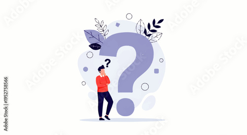 A man in a red shirt stands thoughtfully next to a large purple question mark, surrounded by leaves and abstract shapes in a Vector Flat Design Ilustration with a clean white background.