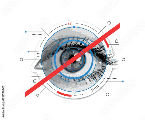 Black and white human eye enlarged in center, blue circular interface rings overlapping the iris, red diagonal bar cutting across composition for dynamic