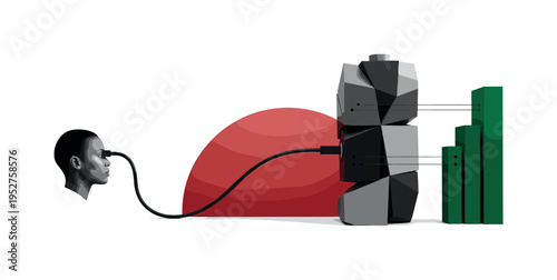 Conceptual charging theme with black-and-white profile portrait connected by cable to oversized geometric battery block, bold red semicircle behind, deep green