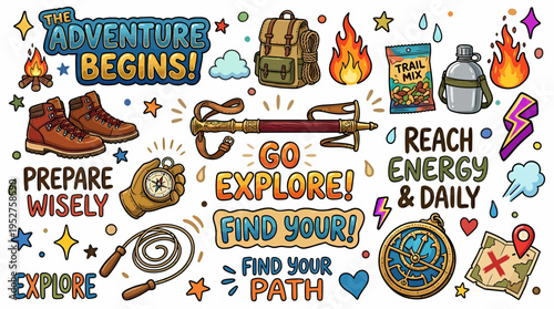 Adventure and Exploration Icons: Hiking, Camping, Discovery