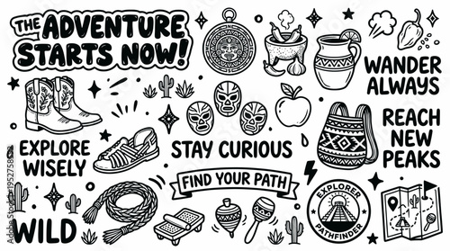 Adventure and Exploration Doodles: Cowboy Boots, Map, Compass, Cactus