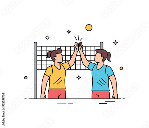 Beach volleyball bonding scene featuring two teammates high fiving near a simple net silhouette with a small sun accent above. The visual conveys energy,