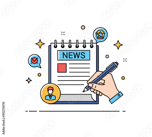 News article being written on a notepad with small abstract stars and icons, highlighting diligence, ethical responsibility, and integrity in reporting.