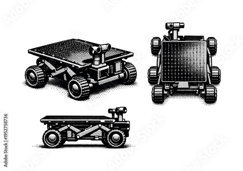 Mars Rover ? Sojourner. A compact early-generation Mars rover represented as a single object shown in three different views highlighting simple mechanical