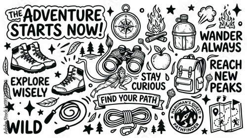 Adventure, Hiking, Camping and Exploration Doodles