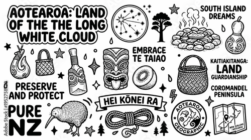 Aotearoa New Zealand Doodle Art: Culture, Nature, and Kiwi Icons