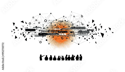 monochrome abstract network of connected nodes above collaborative team silhouettes, orange circular burst behind and black geometric fragments