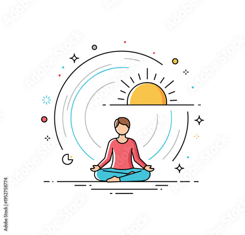 Morning meditation moment with a calm seated figure and a rising sun symbolizing mindfulness and emotional balance. Gentle circular lines around the figure