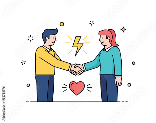 Conflict resolution visualized as two characters shaking hands over a small lightning bolt icon that transforms into a heart, symbolizing constructive dialogue