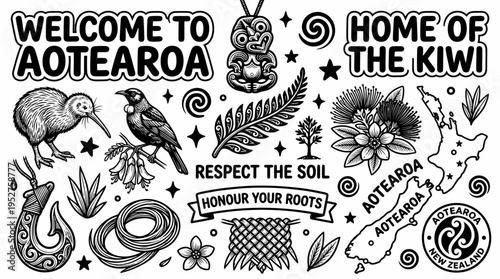 Aotearoa New Zealand Maori Culture Symbols and Nature Icons