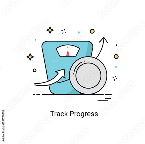 Intermittent fasting weight management strategy showing a minimal scale icon combined with a plate and subtle upward arrow, expressing progress and structured