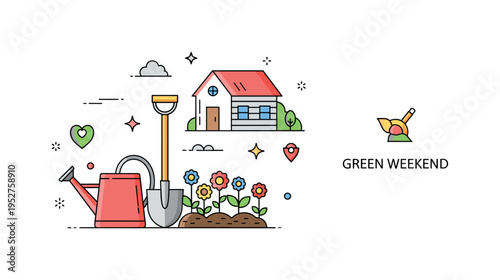 Garden tools and summerhouse scene centered on a shovel and watering can beside a blooming flower bed in front of a simple countryside home. A subtle ?Green
