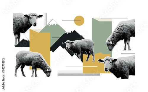 Black and white close-up of grocery bag with baguette and flowers visible, bold blue circular frame enclosing upper portion, thin red diagonal stripe slicing