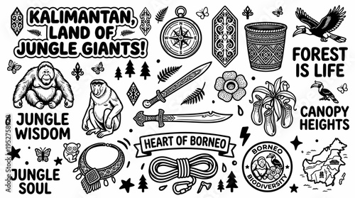 Borneo Jungle Icons: Orangutan, Nature, Map, Compass, Dagger