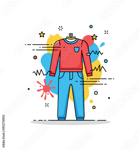 Streetwear influenced by graffiti art theme featuring a bold outfit silhouette with spray paint splash shapes and rhythmic line accents, symbolizing urban