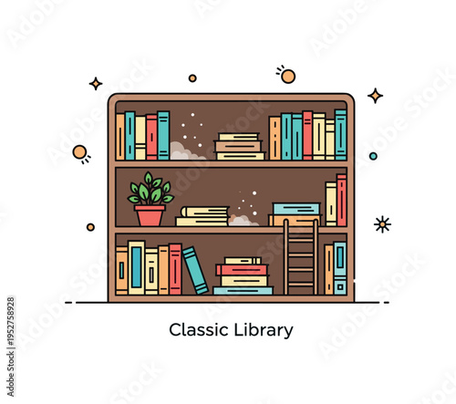 Old bookshelf vintage wooden cabinet filled with neatly arranged books and a small potted plant on one shelf, expressing nostalgia and quiet reading