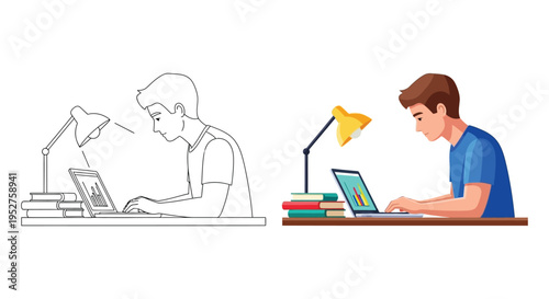 Vector graphic illustration shows a focused young man working diligently on a laptop computer