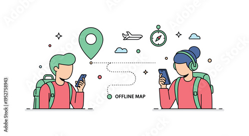 Using digital maps safely abroad featuring a traveler checking a smartphone with a location pin icon. Minimal route line, soft compass symbol and small