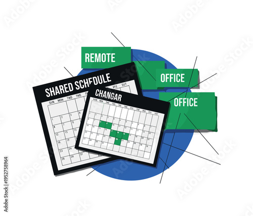 Black and white dual calendar pages overlapping, bold cobalt blue circle behind them symbolizing shared schedule, emerald green abstract blocks layered like