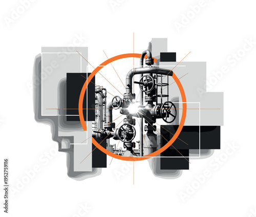 Black and white oil refinery pipes and valves combined with orange circular frame and thin grid lines representing network systems, glowing flash of light at