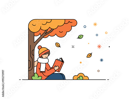 Autumn reading moment under a tree with a few falling leaves and a person wrapped in a light scarf holding a book, expressing coziness and seasonal reflection.