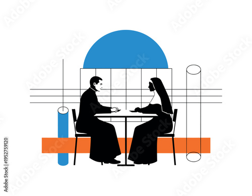 Black and white priest and nun seated on opposite sides of a geometric table, bright blue semicircle anchoring the top and orange rectangular bar grounding the