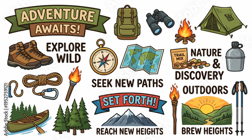 Camping Adventure Set: Hiking Gear, Tent, Backpack, Map, Compass