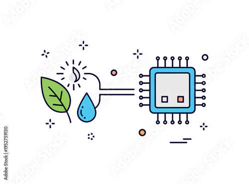 AI based monitoring system environmental sensing idea represented by a small leaf and droplet icon linked to a processor symbol, expressing automated climate