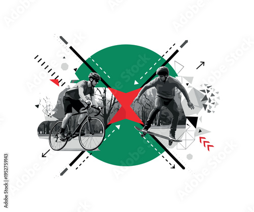 Black and white cyclist and skater crossing paths in a park setting, oversized emerald green circle unifying both athletes, red triangular accent marking