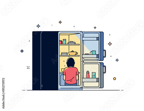 Simple domestic vignette showing an open fridge door casting light into a dark kitchen corner, expressing quiet solitude and reflective late night moments.