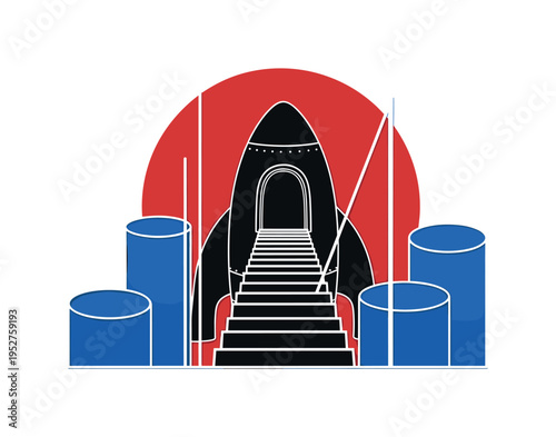 Black and white staircase ascending into a rocket doorway, large red semicircle and cobalt blue geometric cylinders framing the path, thin vertical and