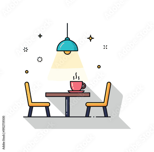 Evening cafe mood with a small table under a hanging lamp and a single steaming mug. A compact ?Late Night Coffee? text detail and soft shadowing convey calm