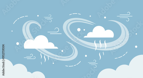 Abstract swirling wind and clouds with rain, weather concept illustration