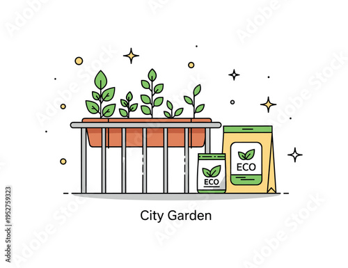 Eco friendly fertilizers urban gardening theme depicted by a balcony planter with thriving plants and a small eco fertilizer package beside it, symbolizing