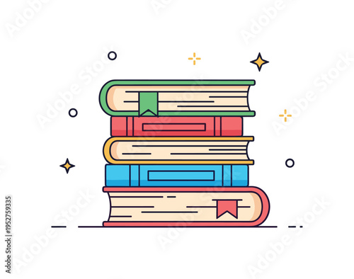 Stack of books with a bookmark peeking out from the top one, small decorative dots surrounding, conveying study, knowledge, and literary
