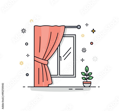 Cozy living room curtain tie scene showing a soft fabric panel pulled aside to reveal a subtle window outline, symbolizing openness and inviting daylight. The