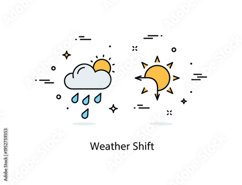 Unpredictable weather shifting sky concept illustrated by a small cloud releasing raindrops on one side while a bright sun peeks out on the other, expressing