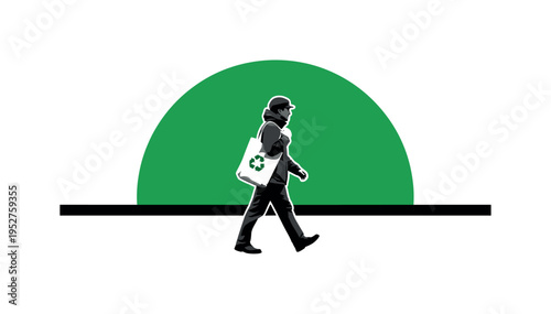 Monochrome pedestrian walking with reusable bag, bold green half-circle behind like rising eco-sun, thin baseline grounding the figure, layered cut-out collage