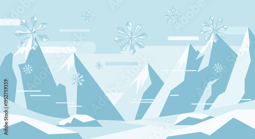 Abstract Winter Landscape with Snowflakes and Mountains in Blue Tones