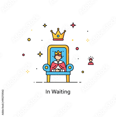 Crown prince or princess heir theme centered on a minimal throne icon with a small crown placed above it. A subtle ?In Waiting? caption and decorative star