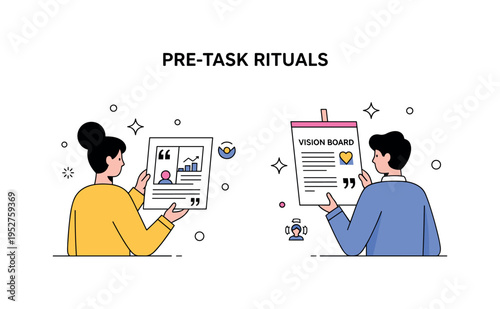 Pre-task rituals captured by a person reviewing inspirational quotes or a vision board before starting tasks, symbolizing motivation and focus. Minimalist flat