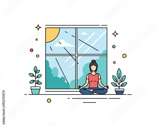 Sunlit yoga practice scene illustrated by a seated figure in a simple meditation pose near a large window with soft sunlight rays entering the room, expressing