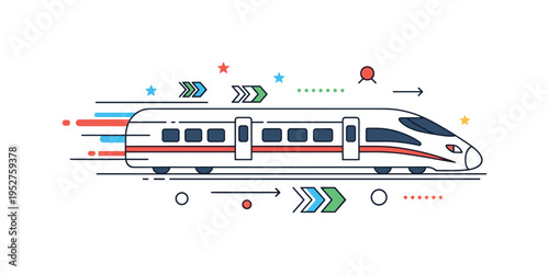 High speed train concept centered on a modern streamlined train with dynamic forward motion lines, expressing efficiency, innovation, and rapid urban