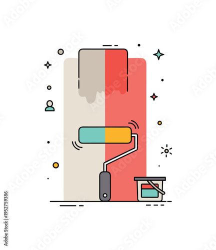 Home wall repainting concept showing a clean roller stroke dividing old neutral tone and new vibrant color, symbolizing change and personal refresh. The
