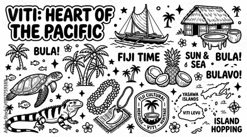 Fiji Tropical Paradise Doodle Art with Symbols